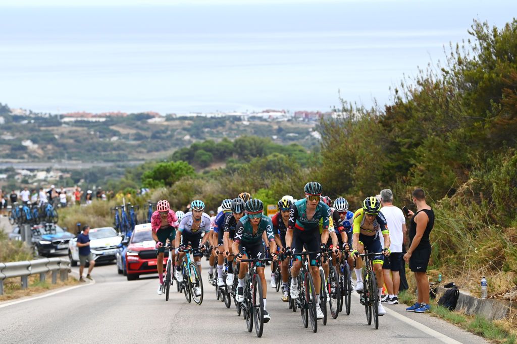 ESTEPONA SPAIN SEPTEMBER 01 LR Matteo Fabbro of Italy Wilco Kelderman of Netherlands and Team Bora Hansgrohe and Jan Bakelants of Belgium and Team Intermarch Wanty Gobert Matriaux lead the breakaway during the 77th Tour of Spain 2022 Stage 12 a 1927km stage from Salobrea Peas Blancas Estepona 1260m LaVuelta22 WorldTour on September 01 2022 in Estepona Spain Photo by Tim de WaeleGetty Images
