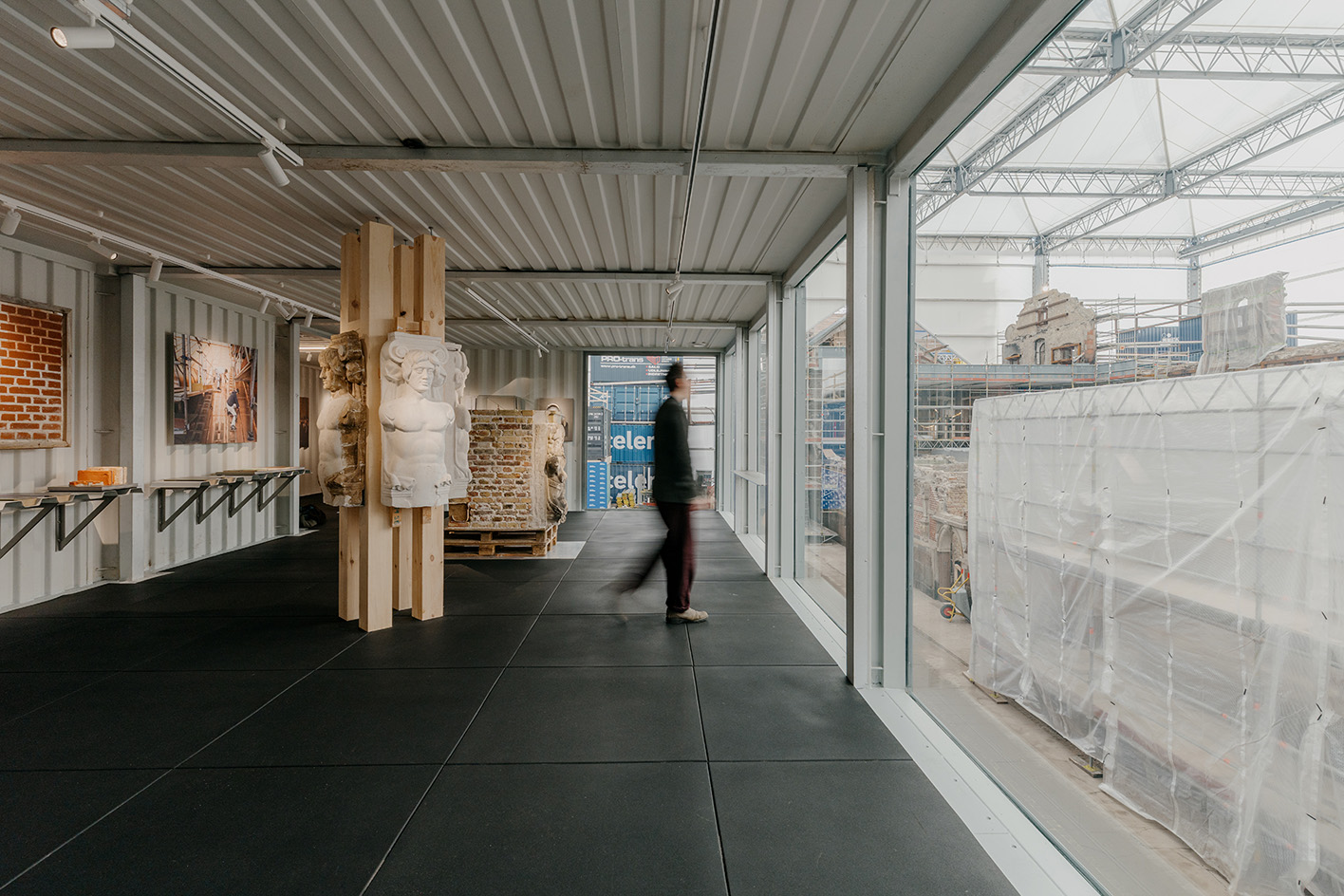 views of b&amp;oslash;rsen visitor centre, a space within the damaged b&amp;oslash;rsen in Copenhagen as it undergoes restoration