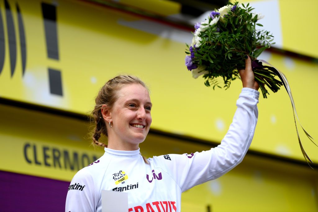 CLERMONTFERRAND FRANCE JULY 23 Cdrine Kerbaol of France and Team CERATIZITWNT Pro Cycling celebrates at podium as White Best Young Rider Jersey winner during the 2nd Tour de France Femmes 2023 Stage 1a 1234km stage from ClermontFerrand to ClermontFerrand UCIWWT on July 23 2023 in ClermontFerrand France Photo by Alex BroadwayGetty Images