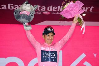 LAVARONE ITALY MAY 25 Richard Carapaz of Ecuador and Team INEOS Grenadiers celebrates winning the pink leader jersey on the podium ceremony after the 105th Giro dItalia 2022 Stage 17 a 168 km stage from Ponte di Legno to Lavarone 1161m Giro WorldTour on May 25 2022 in Lavarone Italy Photo by Tim de WaeleGetty Images