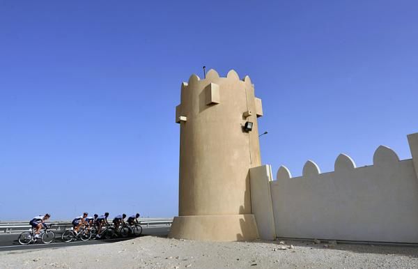 Action during the Tour of Qatar's team time trial stage.