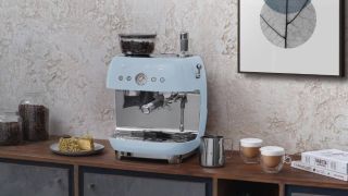 Smeg Espresso Coffee Machine with Grinder in pastel blue