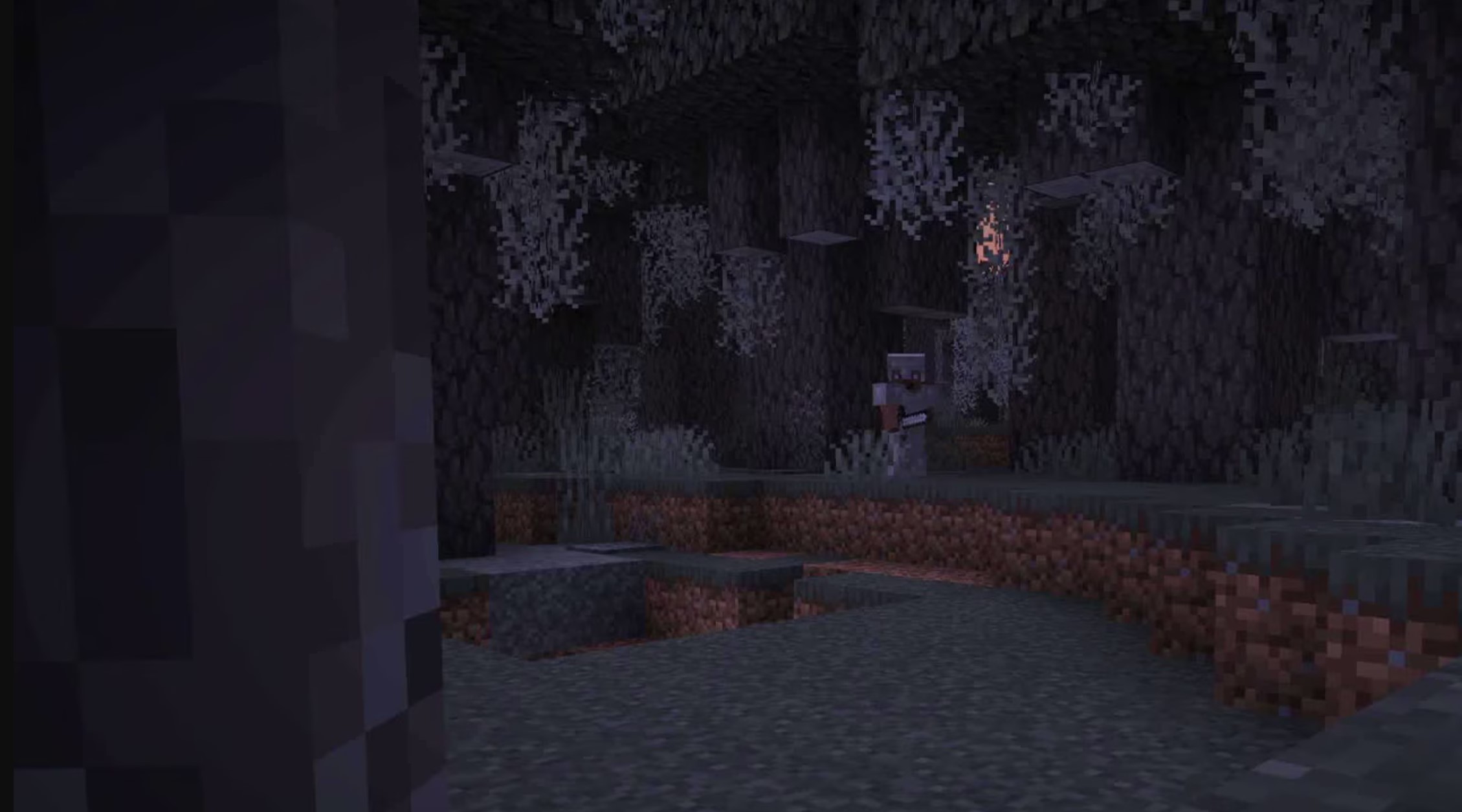 Nighttime view of new Pale Garden biome coming to minecraft, a greyish, desaturated forest