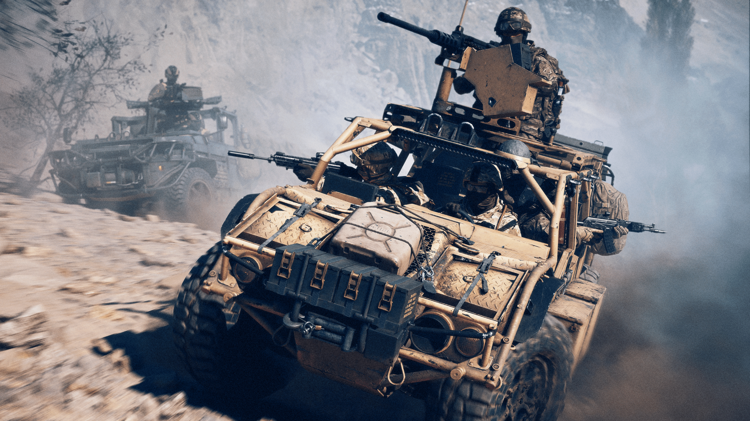 Battlefield 6 beta DLSS performance issues: A group of soldiers driving an armoured jeep through rocky terrain, with another jeep chasing them in the background.