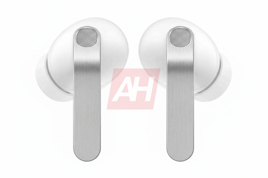 A rumored rendering of the Galaxy Buds 4 Pro in white, showcasing a changed stem with rounded corners.