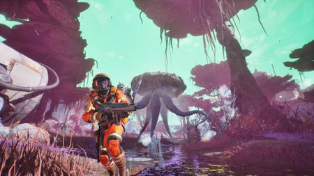 The character looking towards the camera with a giant jellyfish behind it