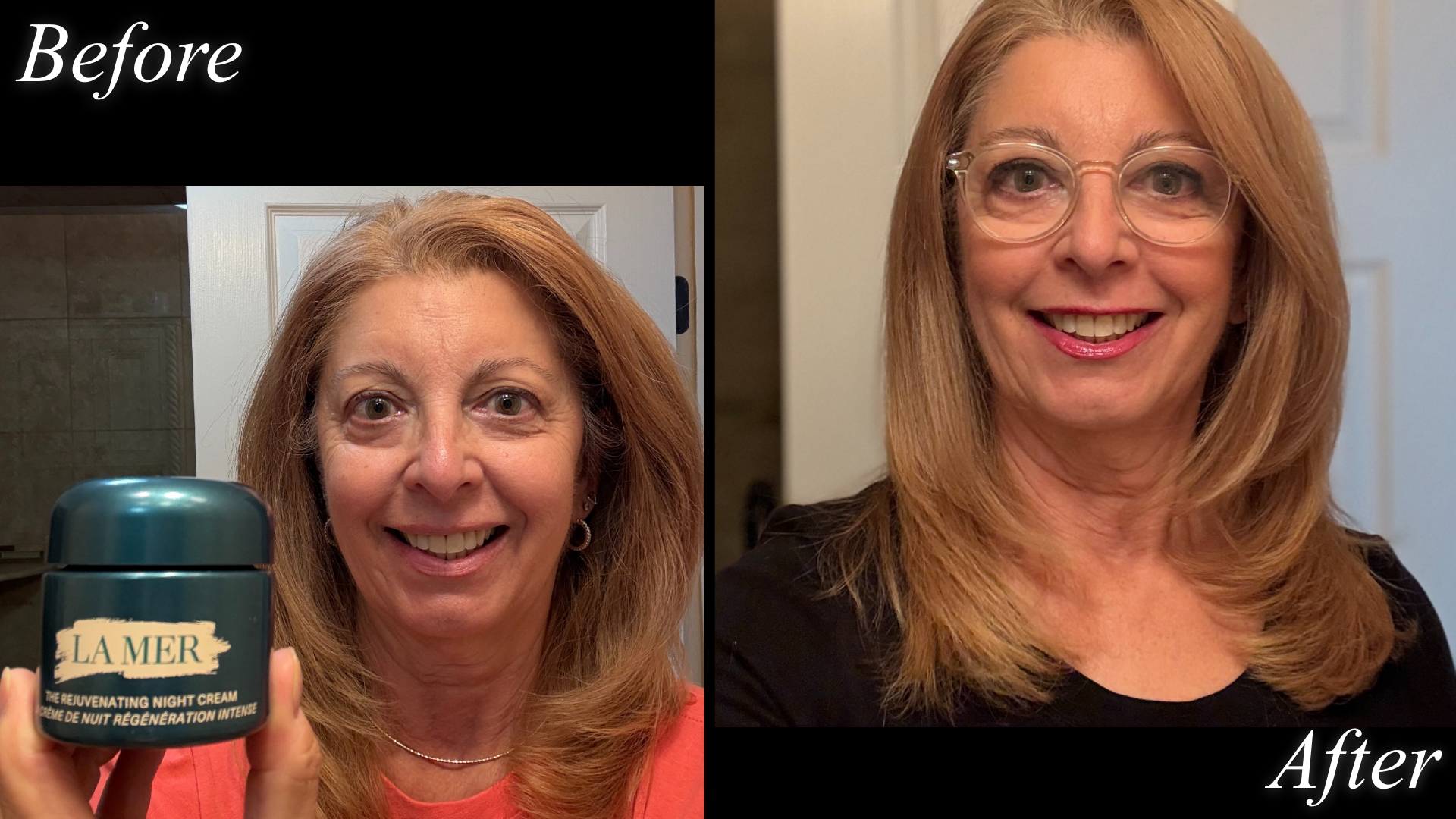 Jane Petrarca before and after La Mer The Rejuvenating Night Cream to tackle fine lines, wrinkles, and dryness.