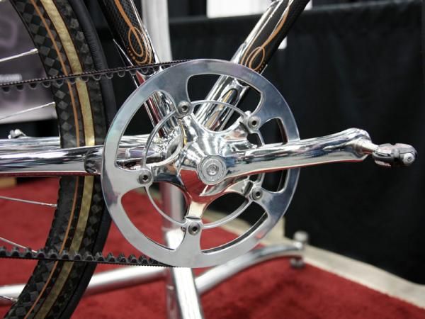 The crankarms, chainring, and outer guard are all highly polished on this Krencker custom machine.