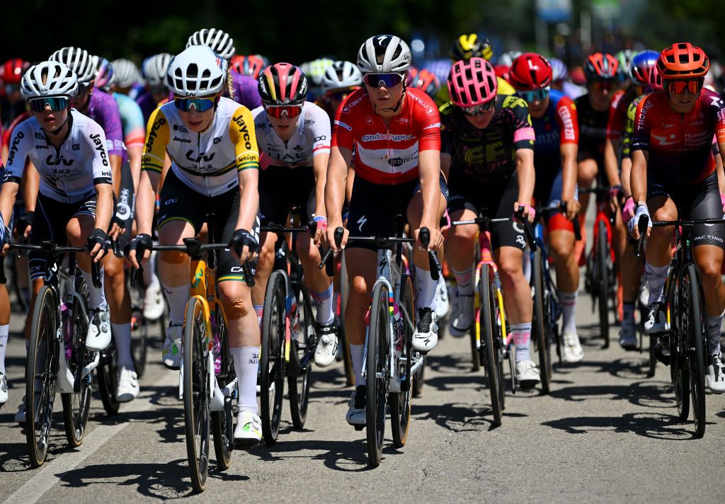 FOLIGNO ITALY JULY 11 LR Ruby RosemanGannon of Australia and Team Liv AlUla Jayco and Lotte Kopecky of Belgium and Team SD Worx Protime Red Sprint Jersey compete during the 35th Giro dItalia Women 2024 Stage 5 a 108km stage from Frontone to Foligno UCIWWT on July 11 2024 in Foligno Italy Photo by Luc ClaessenGetty Images