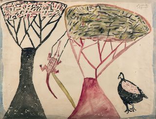 Image of artwork depicting trees a crocodile and a bird