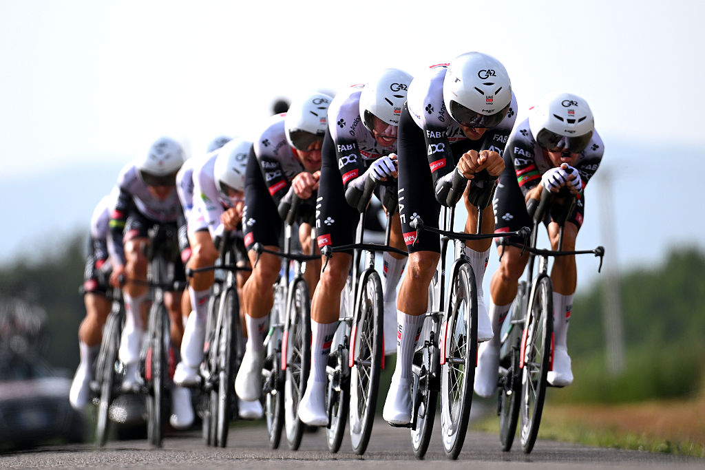 FIGUERES, SPAIN - AUGUST 27: Mikkel Bjerg of Denmark and UAE Team Emirates - XRG competes during the La Vuelta - 80th Tour of Spain 2025, Stage 5 a 24.1km team time trial stage from Figueres to Figueres / TTT / #UCIWT / on August 27, 2025 in Figueres, Spain. (Photo by Tim de Waele/Getty Images)
