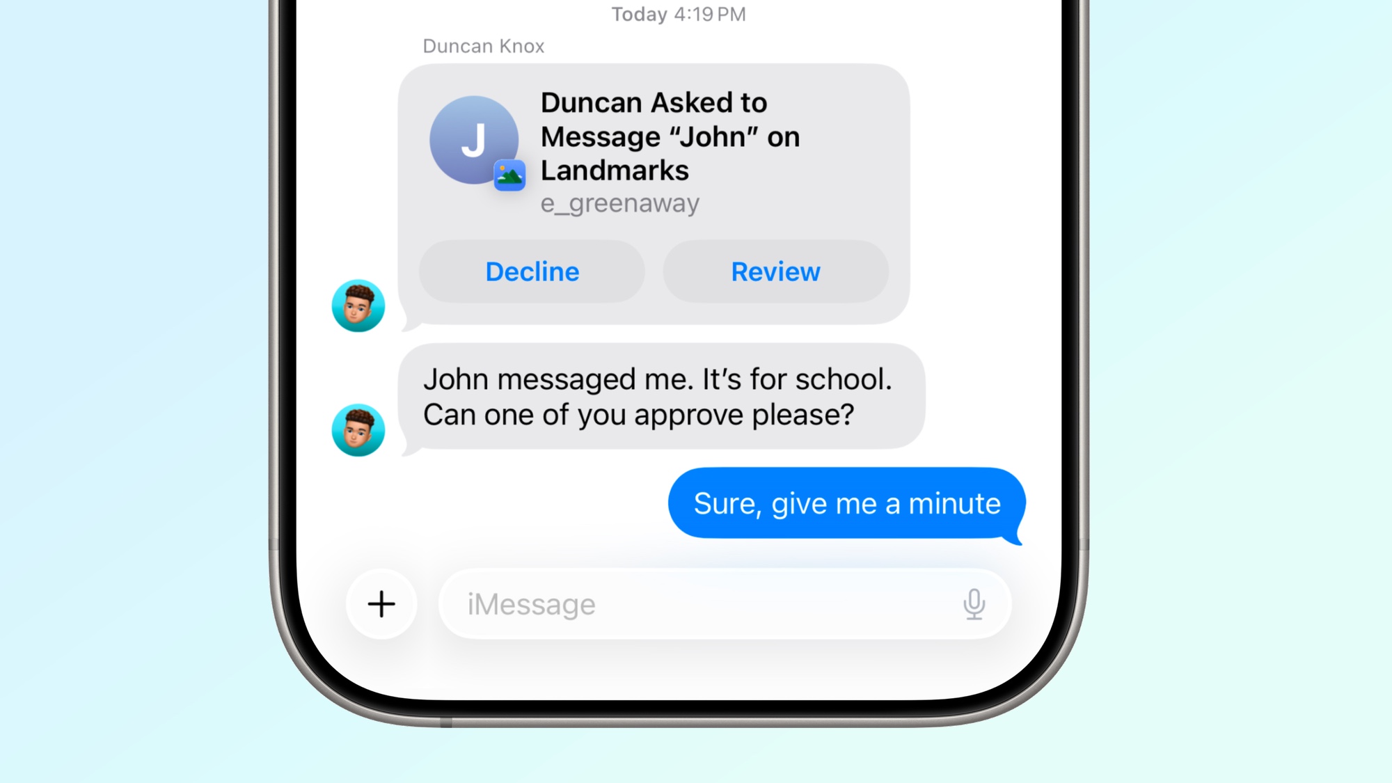 Approving contact request in Messages for Child Accounts on iPhone