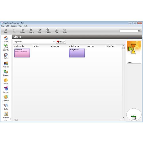 One of MyUltimateOrganizer's most useful features is its linking capability. You can link calendar items, to-do lists, the planner, addresses, notes and files to one another.