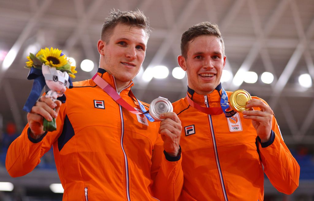 IZU JAPAN AUGUST 06 Silver medalist Jeffrey Hoogland and gold medalist Harrie Lavreysen of Team Netherlands pose on the podium during the medal ceremony after the Mens sprint finals of the track cycling on day fourteen of the Tokyo 2020 Olympic Games at Izu Velodrome on August 06 2021 in Izu Japan Photo by Tim de WaeleGetty Images