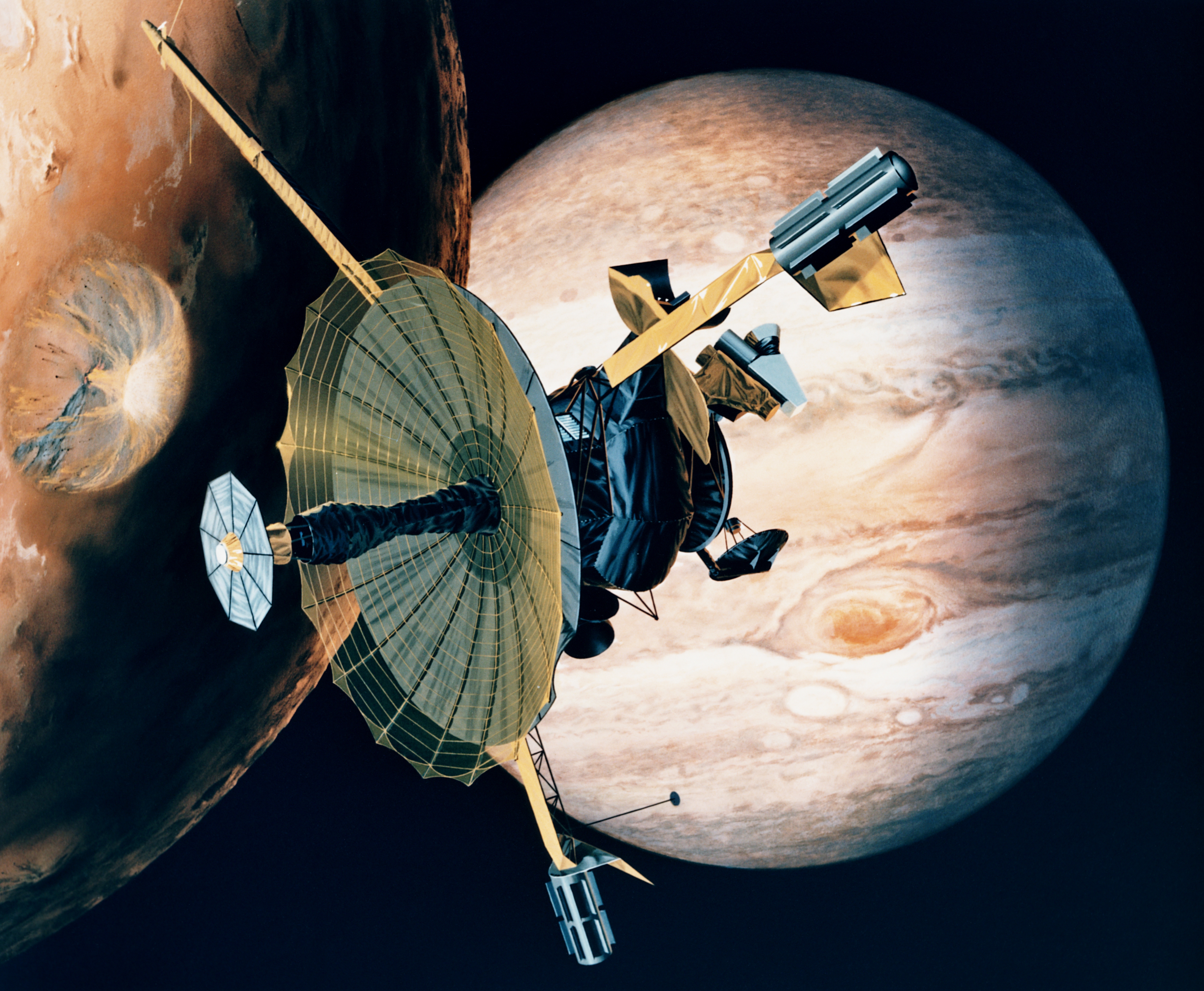 An image of the Galileo probe passing over one of Jupiter's moons with Jupiter in the background