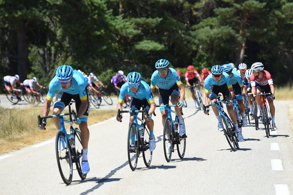 Team Astana leads the pack during the Mont Ventoux Denivele Challenge on August 6 2020 at the Mont Ventoux southern France Mont Ventoux Denivele Challenge is a 182 kms one day race from VaisonLaRomaine to Mont Ventoux with nearly 4000 meters of ascending elevation Photo by Sylvain THOMAS AFP Photo by SYLVAIN THOMASAFP via Getty Images