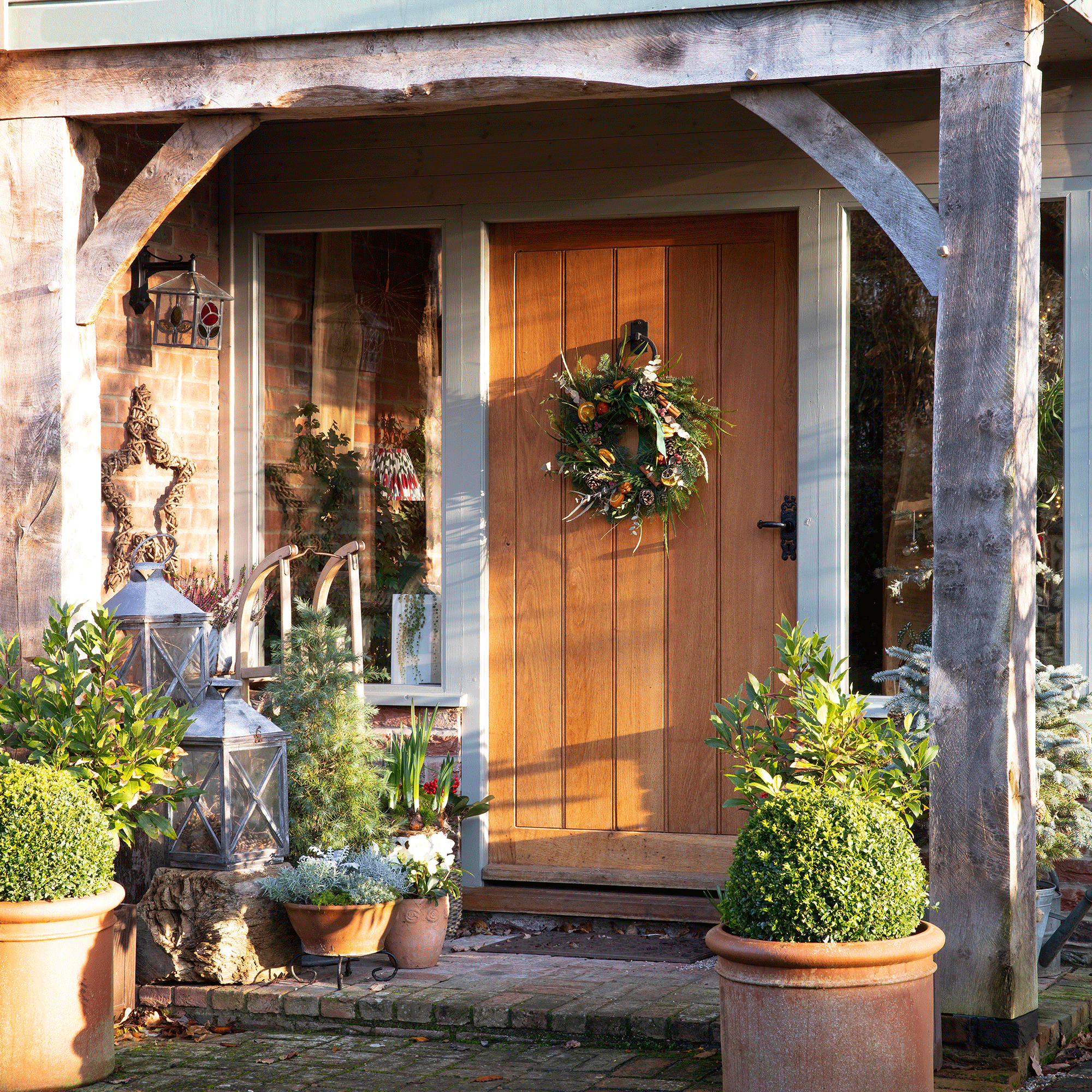 Wooden porch with brown door