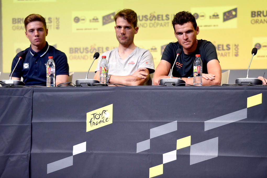 Remco Evenepoel, Greg Van Avermaet and Maxime Monfort at the Children's press conference in Brussels