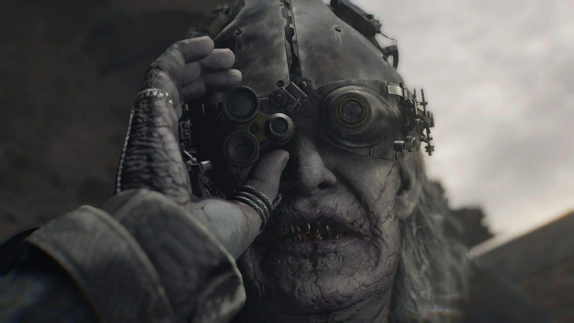 Dr Gideon adjusts his helmet and goggles in Resident Evil Requiem