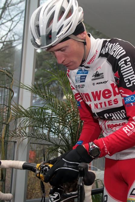 Klaas Vantornout adjusts a camera used to film the Belgian 'cross championship circuit.