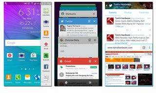 Multi Window tray (left), recent apps (middle), Multi Window (right). Click to enlarge