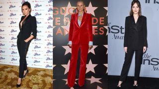 female celebrities wearing tuxedos Victoria Beckham, Gwyneth Paltrow, Dakota Johnson
