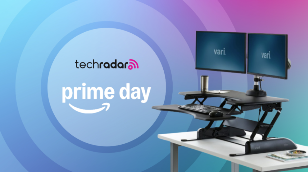 Vari VariDesk Pro Plus 36 on a rainbow-colored background next to a TechRadar badge reading 'Prime Day'
