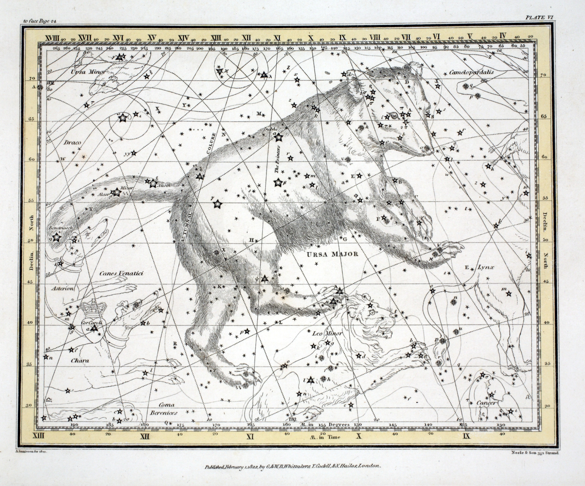 Ursa Major stars labelled and the overlay of the Great Bear surrounds the celestial scene.