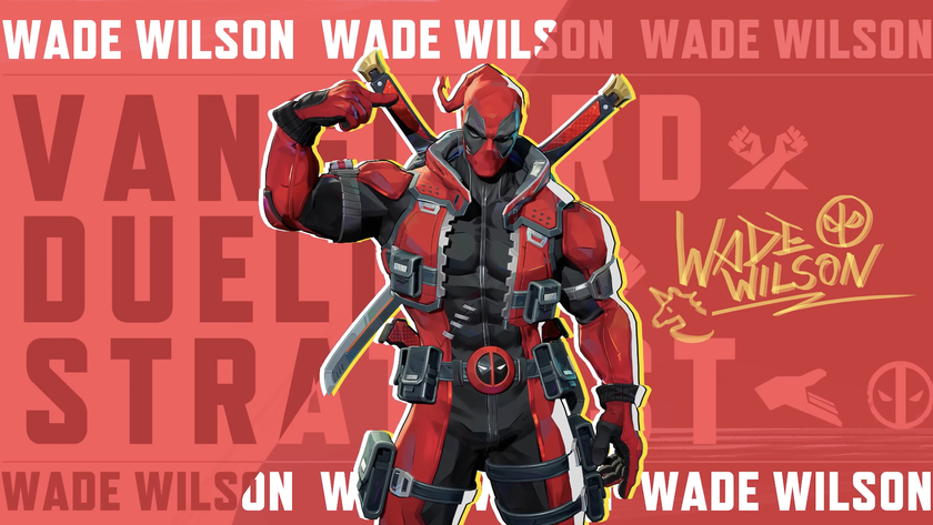 Deadpool poses in front of a red background