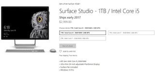 All 3 versions of the Surface Studio are listed as 'out of stock'