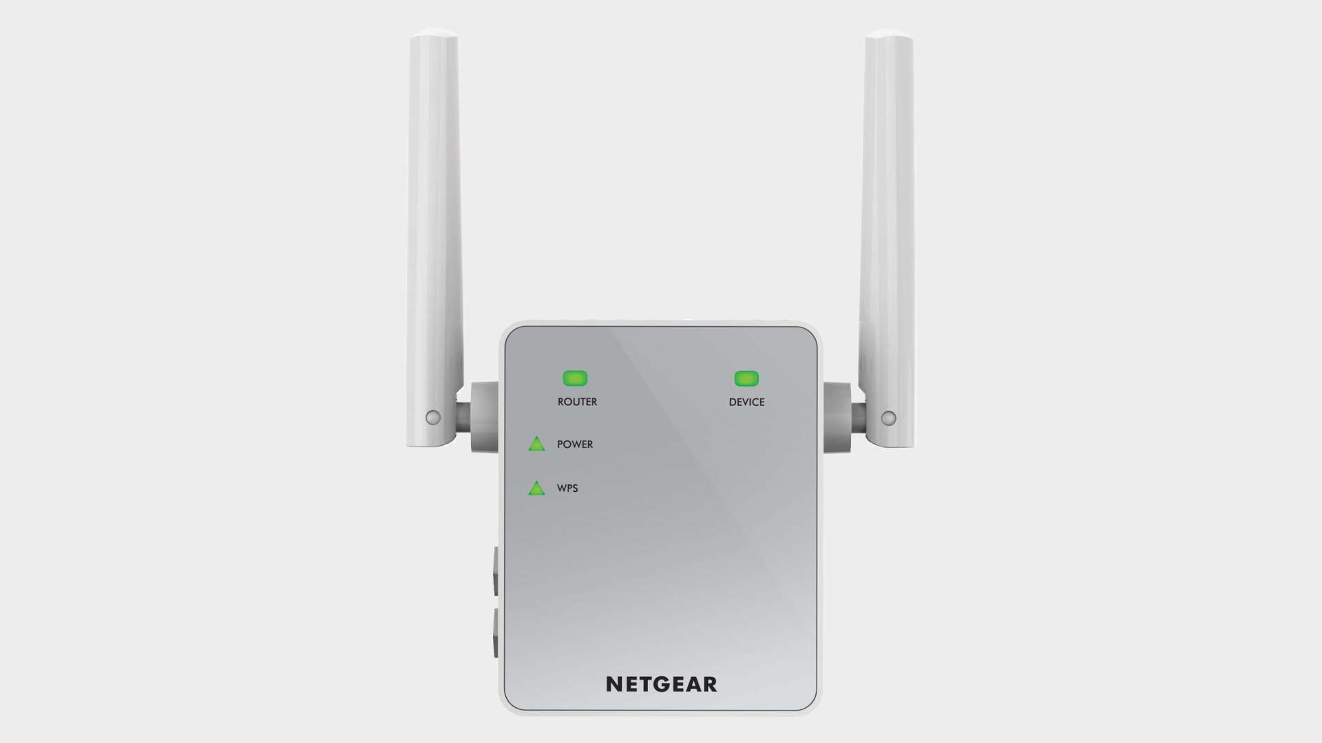 Image of the Netgear AC750  Wi-Fi range extender on a grey background.