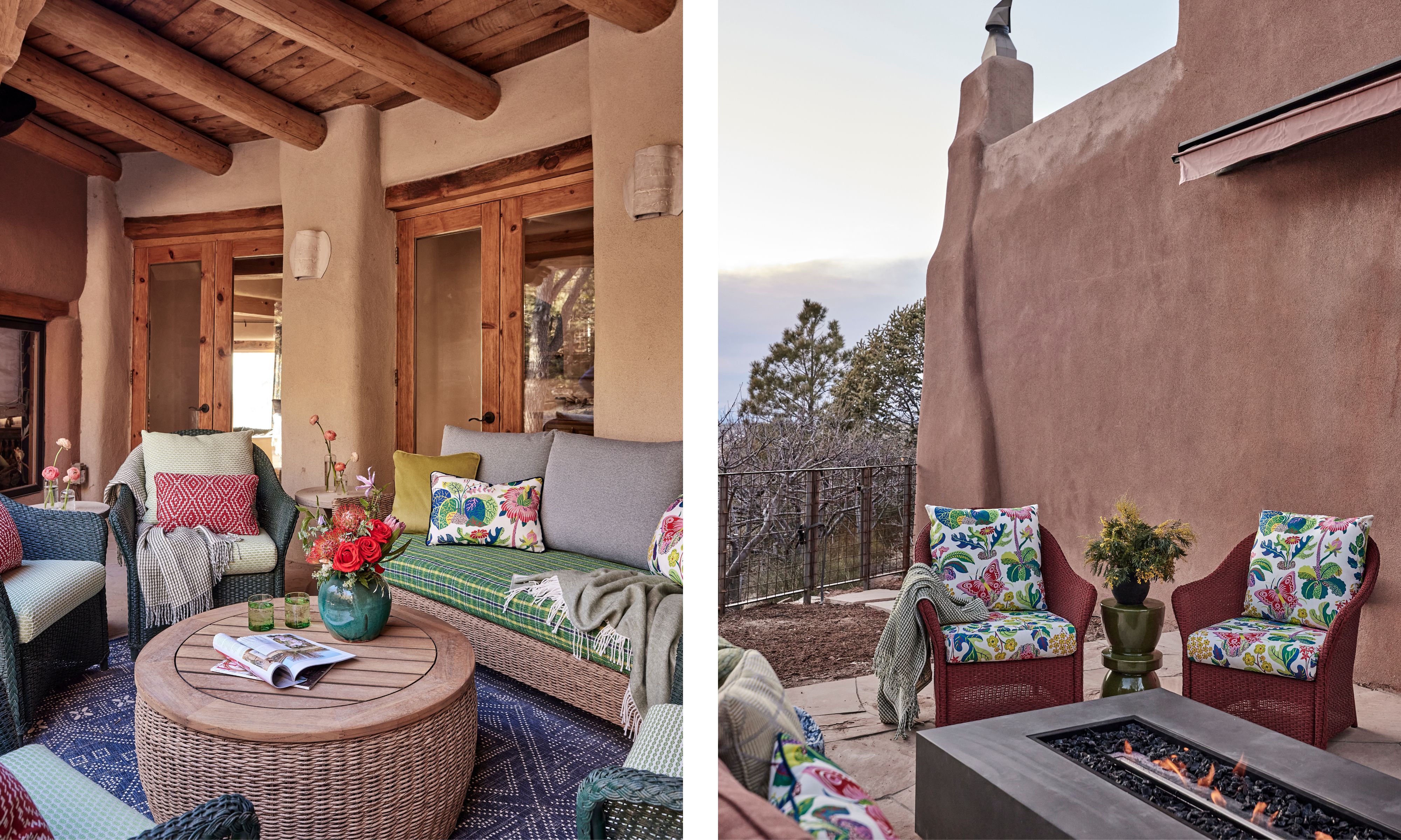 two side by side images of the exterior of a muddy pink rendered home in new mexico with patterned outdoor sitting areas