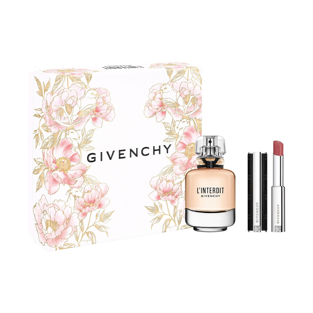 White box with floral design with three Givenchy products next to it