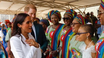 Prince Harry, Duke of Sussex and Meghan, Duchess of Sussex meet with the Chief of Defence Staff of Nigeria at the Defence Headquarters in Abuja on May 10, 2024 in Abuja, Nigeria. 