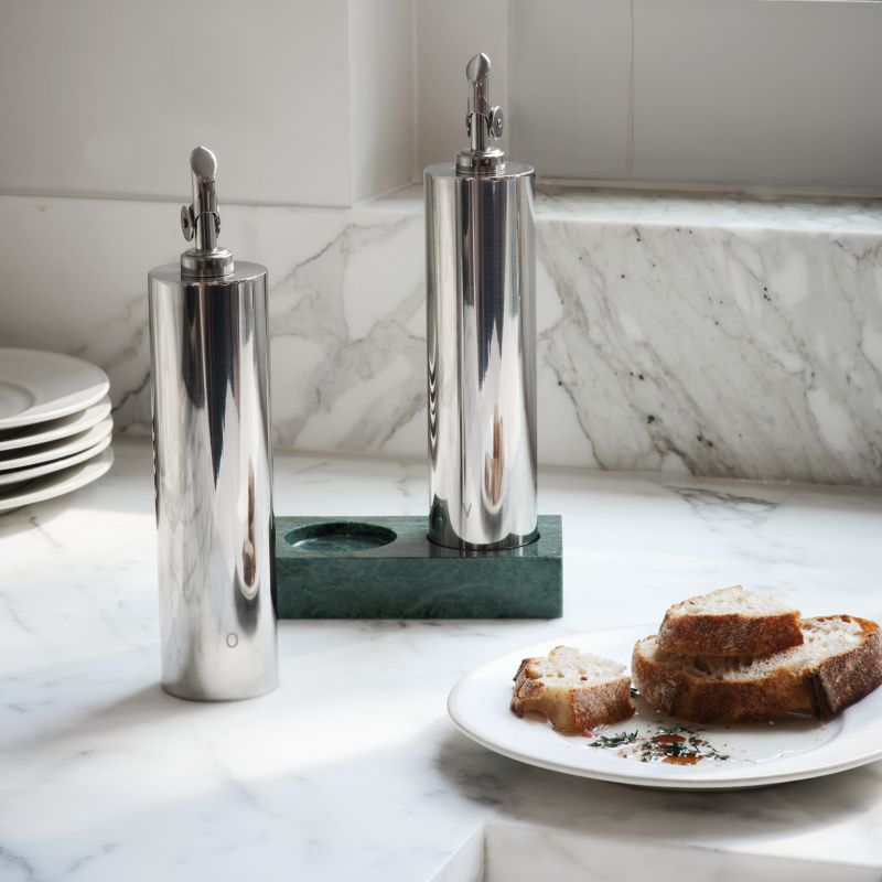 Geneve Recycled Stainless Steel Cruet Set With Green Marble Base by Daniel Humm