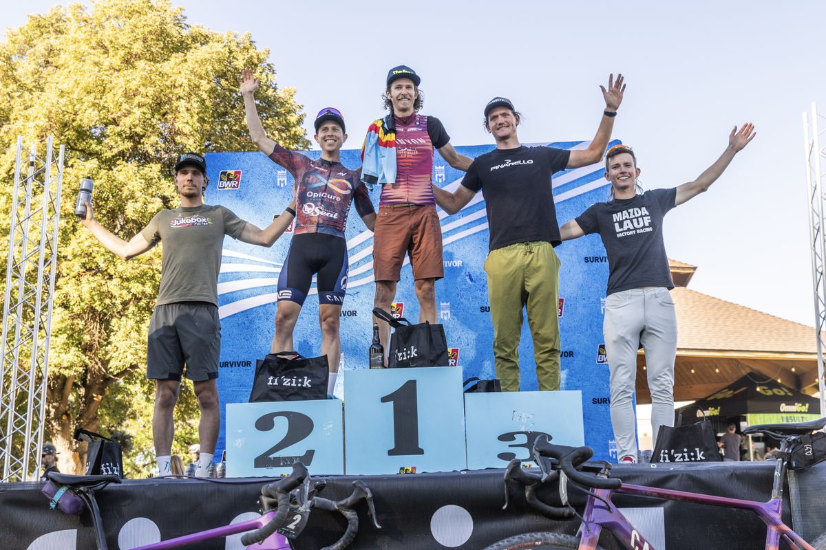 Peter Stetina stands on top step of men's podium after winning 2022 BWR Utah