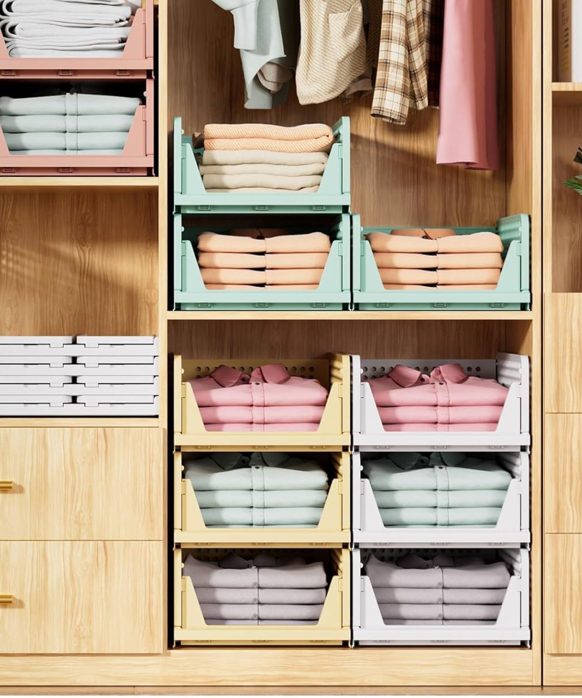 Colorful plastic stacking crates in the base of a wooden built-in closet, storing folded shirts