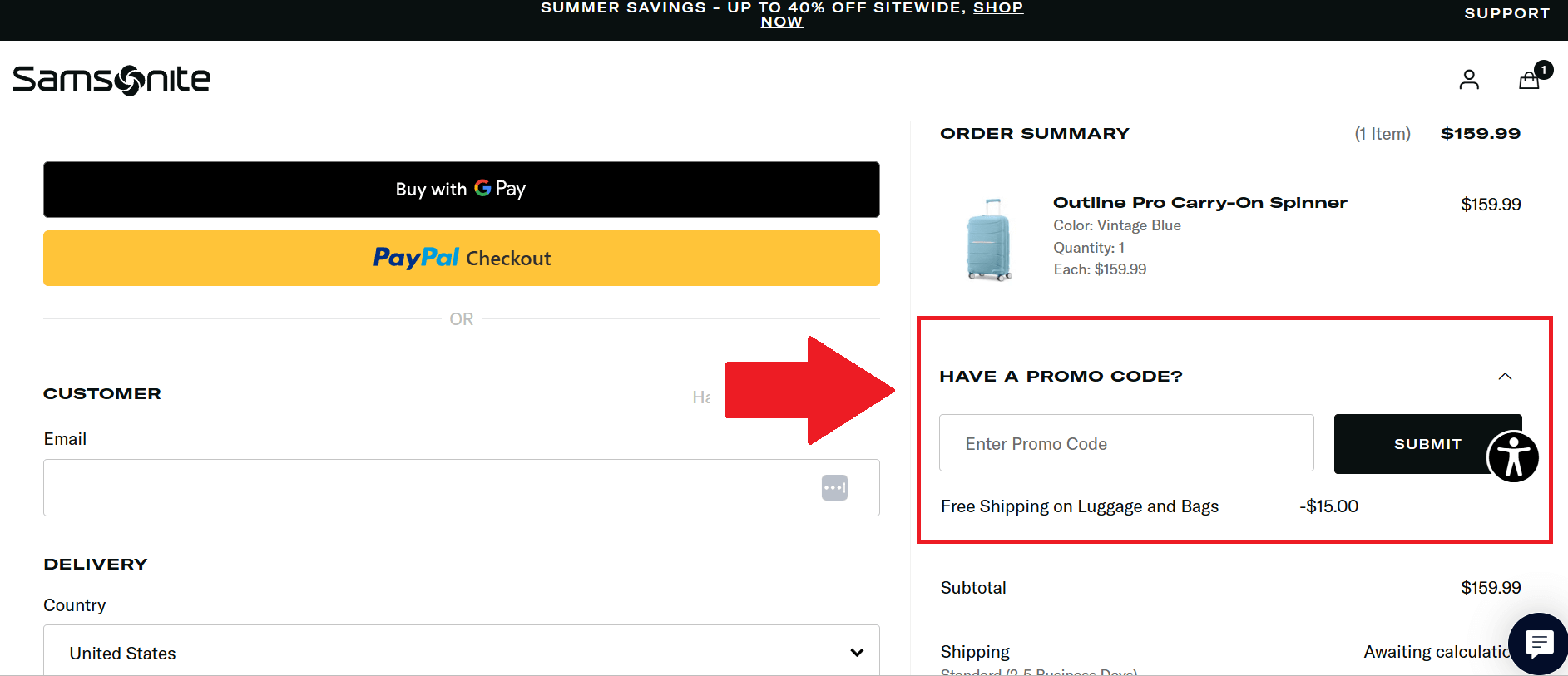 A screenshot showing the samsonite checkout page and where to enter your promo code