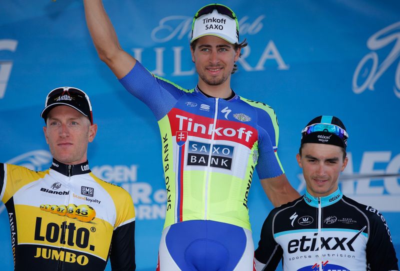 The top three from the time trial: Jos van Emden, Peter Sagan and Julian Alaphilippe on the podium