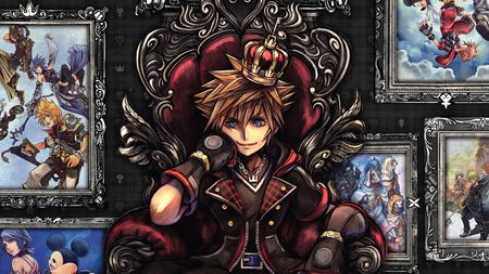 Sora sits on a throne in front of art from the Kingdom Hearts series