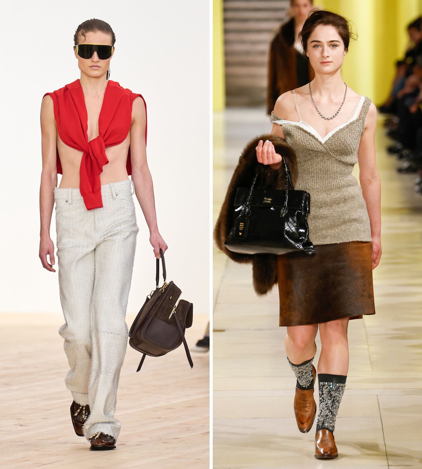 models carrying practical handbags in the loewe ss26 and miu miu aw25 shows