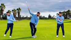 James Jankowski demonstrating his five-minute fixes, which are three simple drills consisting of a continuous step drill, a trail arm only drill and a putting separation drill