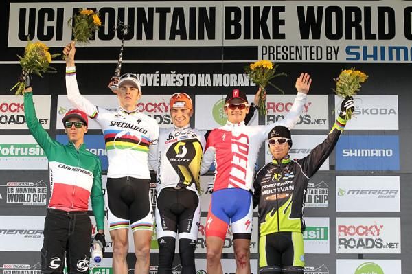 Elite men's podium in Nove Mesto, Czech