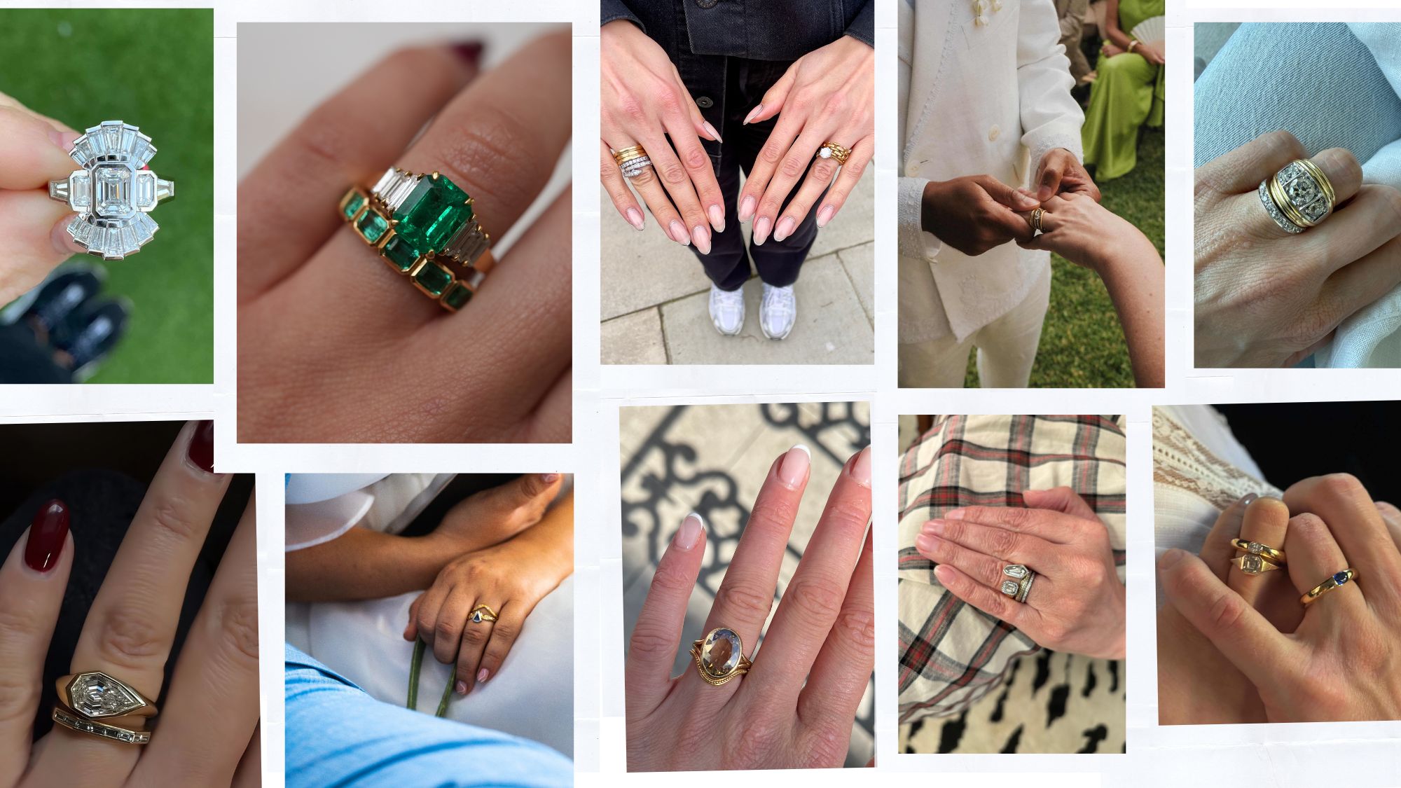 a collage of cool fashion-forward engagement ring and wedding band stacks