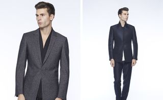 Male models wearing the Kilgour Spring / Summer 2016 collection. The model is wearing a dark suit in both photos, each with one button closed