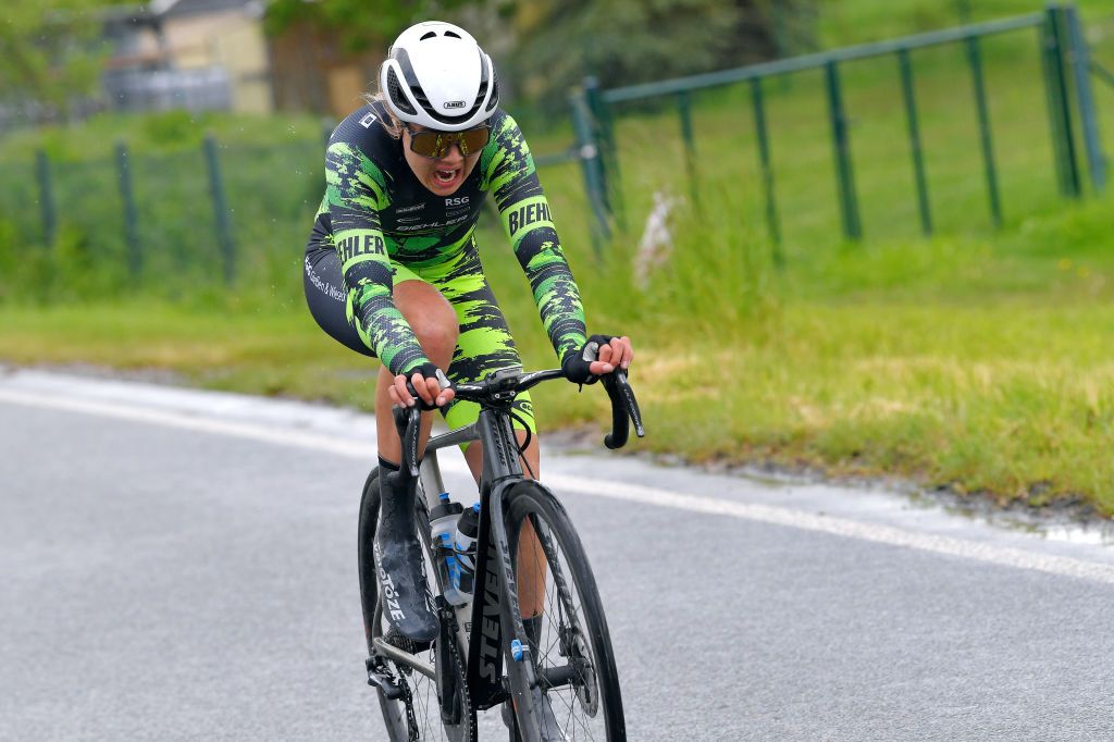 GERA GERMANY MAY 26 Katharina Fox of Germany and Team RSG Giessen Biehler in breakaway during the 34th Internationale LOTTO Thringen Ladies Tour 2021 Stage 2 a 1251km stage from Gera to Gera ltlt2021 lottothueringenladiestour womencycling on May 26 2021 in Gera Germany Photo by Luc ClaessenGetty Images