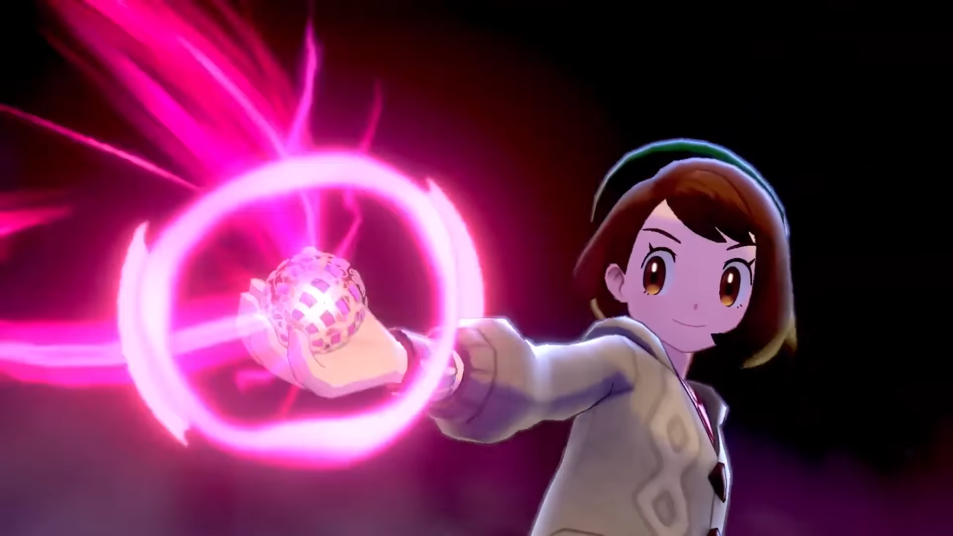 A trailer holding a glowing net pokeball during the RPG Pokemon Sword and Shield.