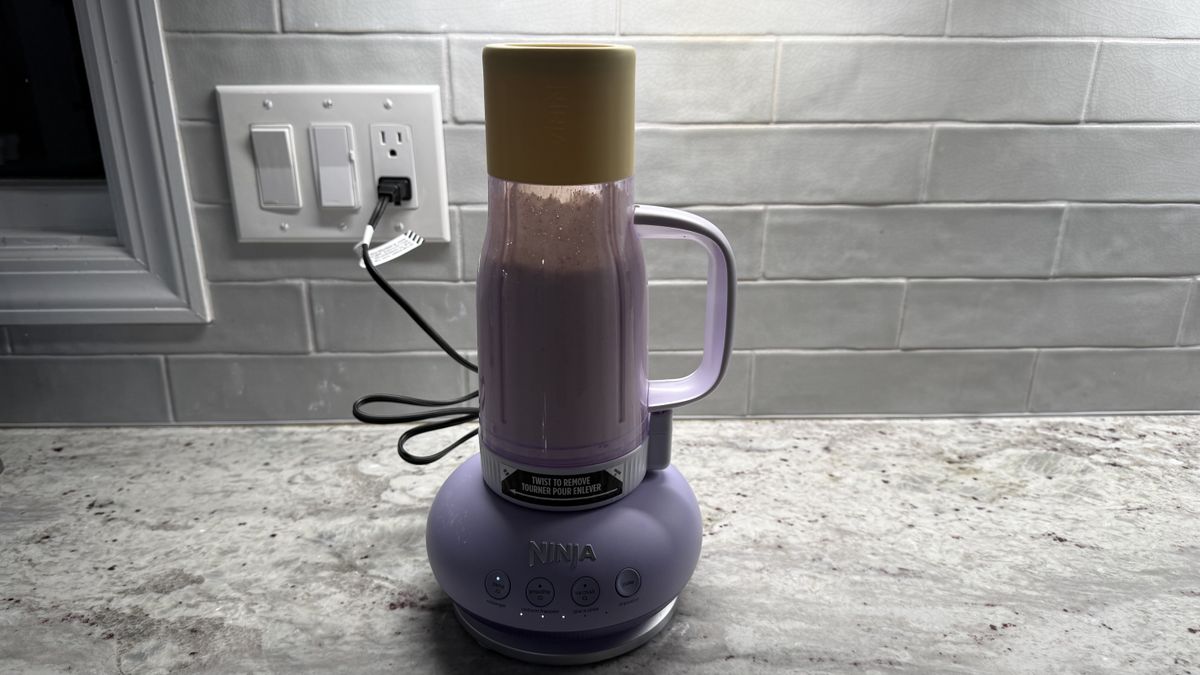 Ninja BlendBOSS&trade; Tumbler Blender with 26oz Travel Tumbler making pancake batter