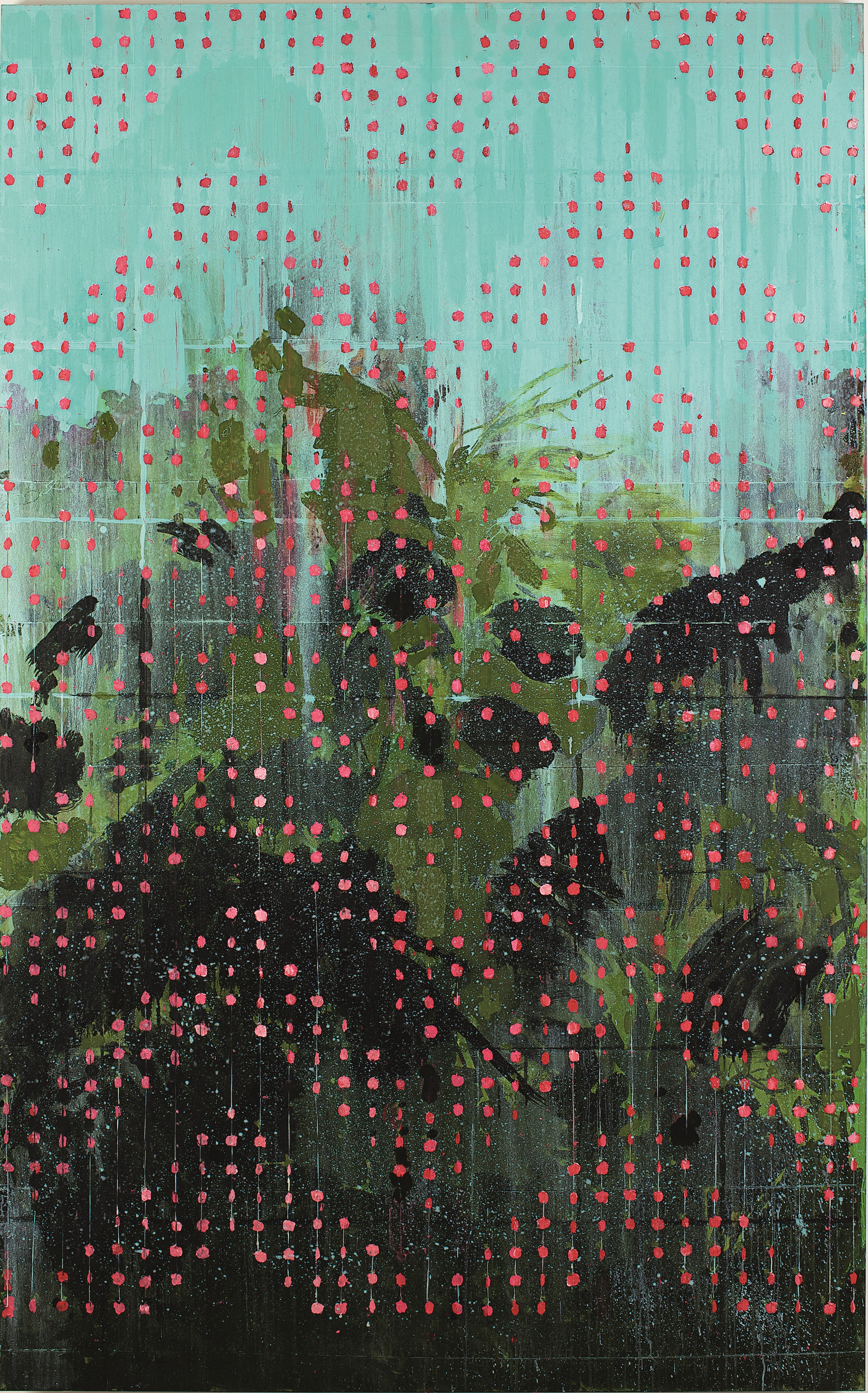 colourful oil painting, Hurvin Anderson, Beaded Curtain (Red Apples), 2010