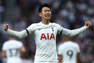 Son Heung-min celebrates after scoring for Tottenham against Liverpool in September 2023.